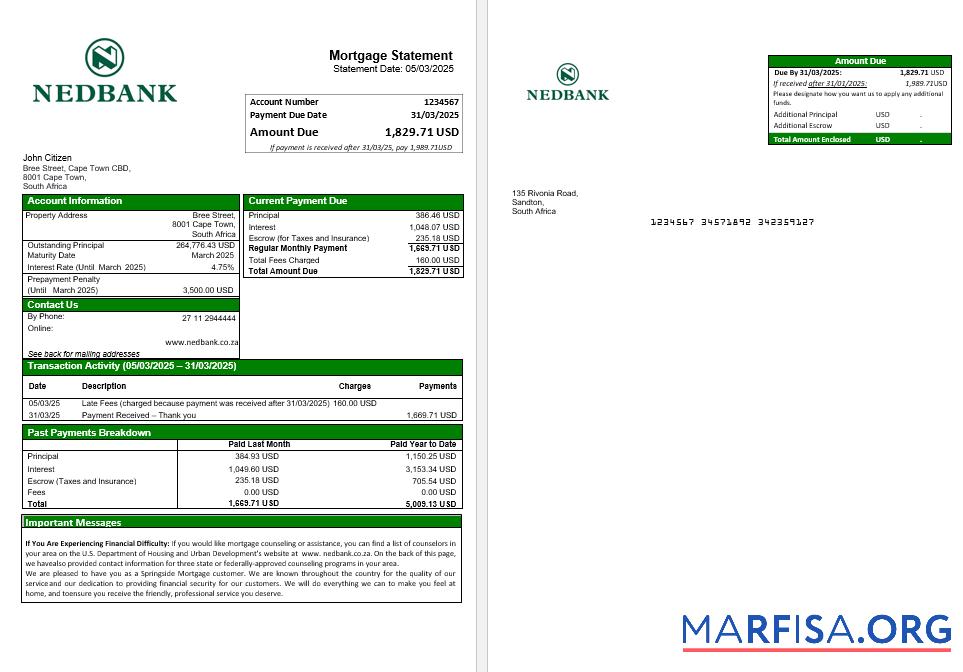 Realistic South Africa Nedbank mortgage statement in Word and PDF formats download for verification